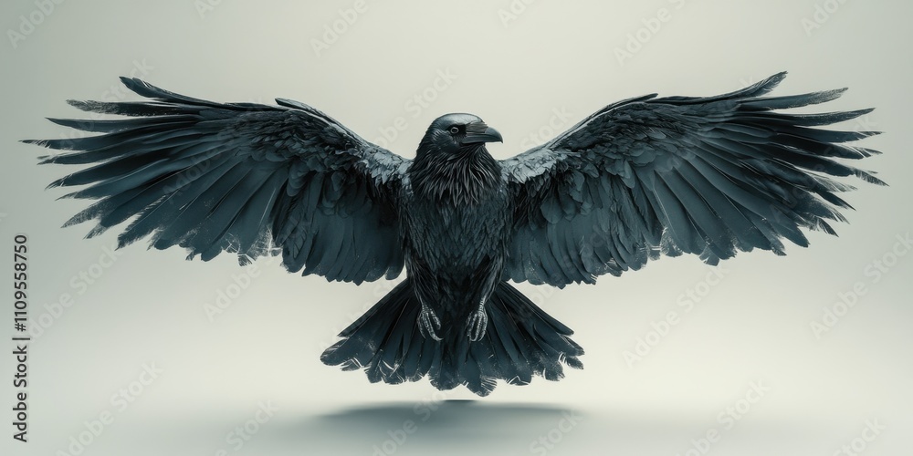 Naklejka premium Majestic black raven soaring with outstretched wings against a minimalist backdrop
