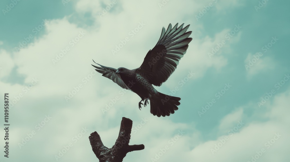 Obraz premium Bird in flight over tree branch.