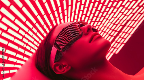 A woman enjoys red light therapy while wearing unique eyewear designed for relaxing treatments in a modern spa setting
