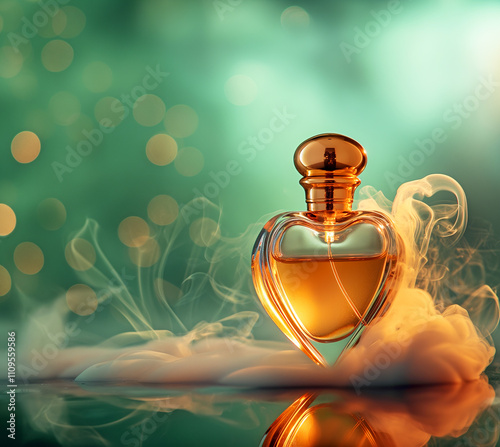 Transparent bottle with golden liquid, on an emerald background with golden bokeh