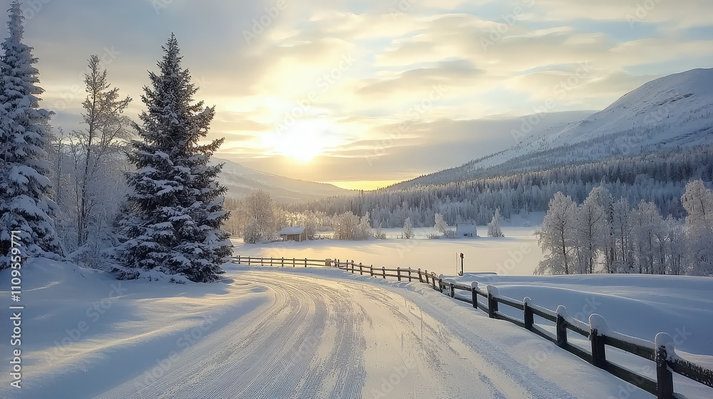 Fototapeta premium A snow-covered road winds through a tranquil winter landscape as the sun rises over the mountains, casting a warm glow