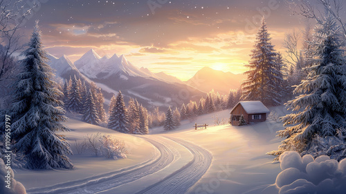 A golden sunset casts a warm glow over a snowy landscape featuring towering mountains, evergreen trees, and a charming cabin