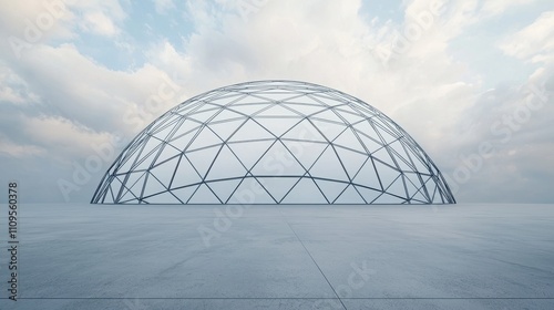 A geometric dome structure stands against a cloudy sky, showcasing a modern architectural design in a minimalist environment.