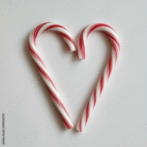 Two candy canes arranged in a heart shape on a plain background.