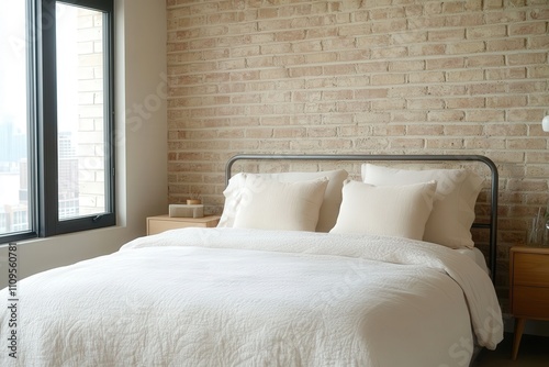 Wallpaper Mural Cozy minimalist bedroom featuring a modern bed with soft pillows set against a stylish brick wall, brightened by natural light from the window Torontodigital.ca
