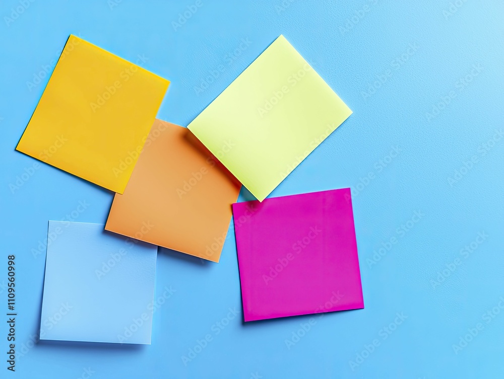 Colorful sticky notes, modern minimalism, vibrant paper, top view focus, with a bright, open workspace background. Colorful sticky notes, modern minimalism, vibrant paper, top view focus, with a bright, open workspace background.