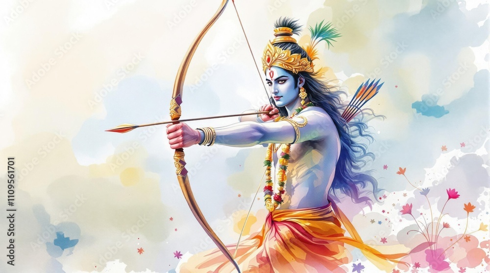 Rama Color Digital illustration of Lord Rama with bow and arrow in a vibrant ...