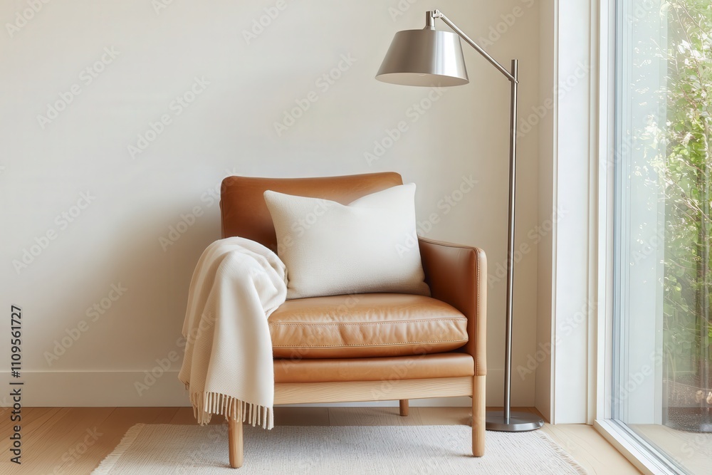 Fototapeta premium Cozy leather armchair with a soft pillow and blanket, modern decor, stylish floor lamp, bright interior, natural light, minimalist design