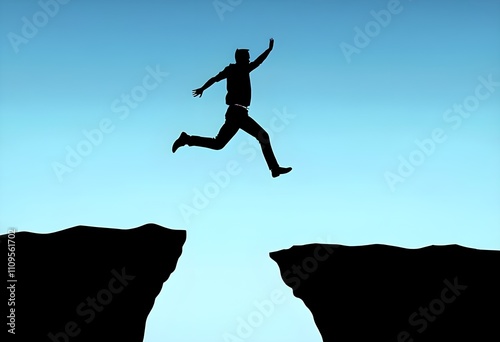 New year 2025. Businessman jumping across the gap from 2024 to 2025, symbolizing bold career moves, ambition, new opportunities, bright future and leap into success, growth for new year