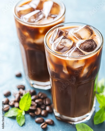 Two glasses of iced coffee with coffee beans and mint leaves.