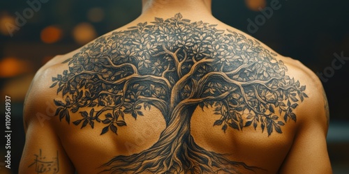 Intricate tree tattoo design showcasing nature\'s beauty on a person\'s back in a dimly lit studio photo