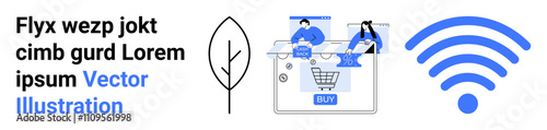 Users interacting with an online shopping cart, symbolized by a large wireless icon and a tree, representing digital e-commerce. Ideal for e-commerce, digital transactions, online shopping