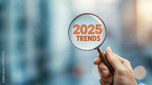 2025 Trends concept. A businessman presents 2025 TRENDS globe surrounded, e-commerce, finance, healthcare, online work, media, technology and green business, generative ai photo