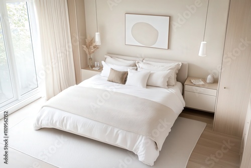Modern Minimalist Bedroom with Cream Tones and Soft Textiles, Featuring Cozy Bed, Elegant Decor, and Natural Light Through Large Window