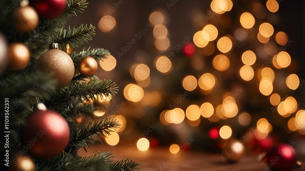 Closeup of Christmas Tree with Ball Ornament and Festive Bokeh Lights in the Background Closeup of Christmas Tree with Ball Ornament and Festive Bokeh Lights in the Background