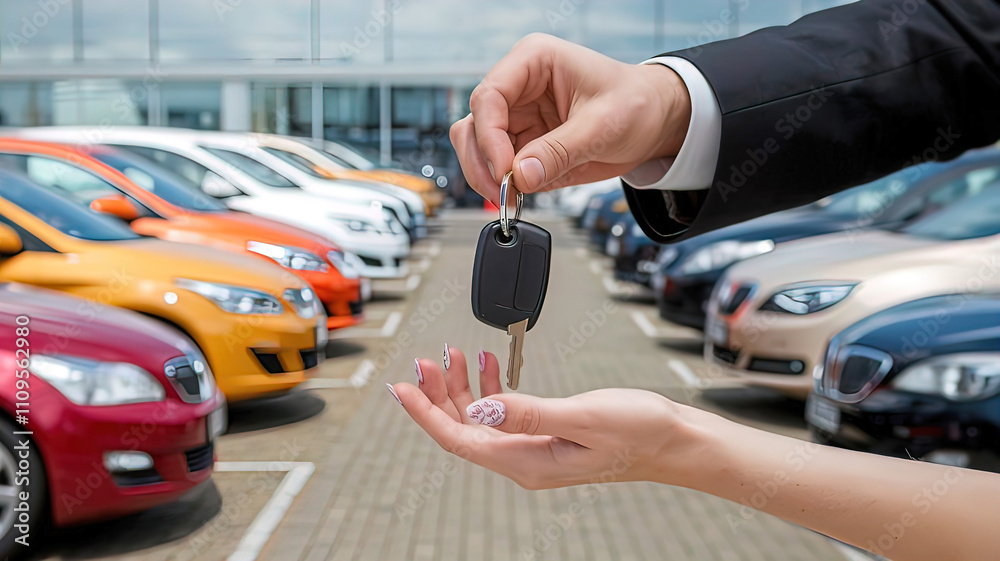 Sale purchase of a car, a car dealership manager hands over the keys to a new car to a buyer, a car dealership,
Sale purchase of a car, a car dealership manager hands over the keys to a new car to a buyer, a car dealership,