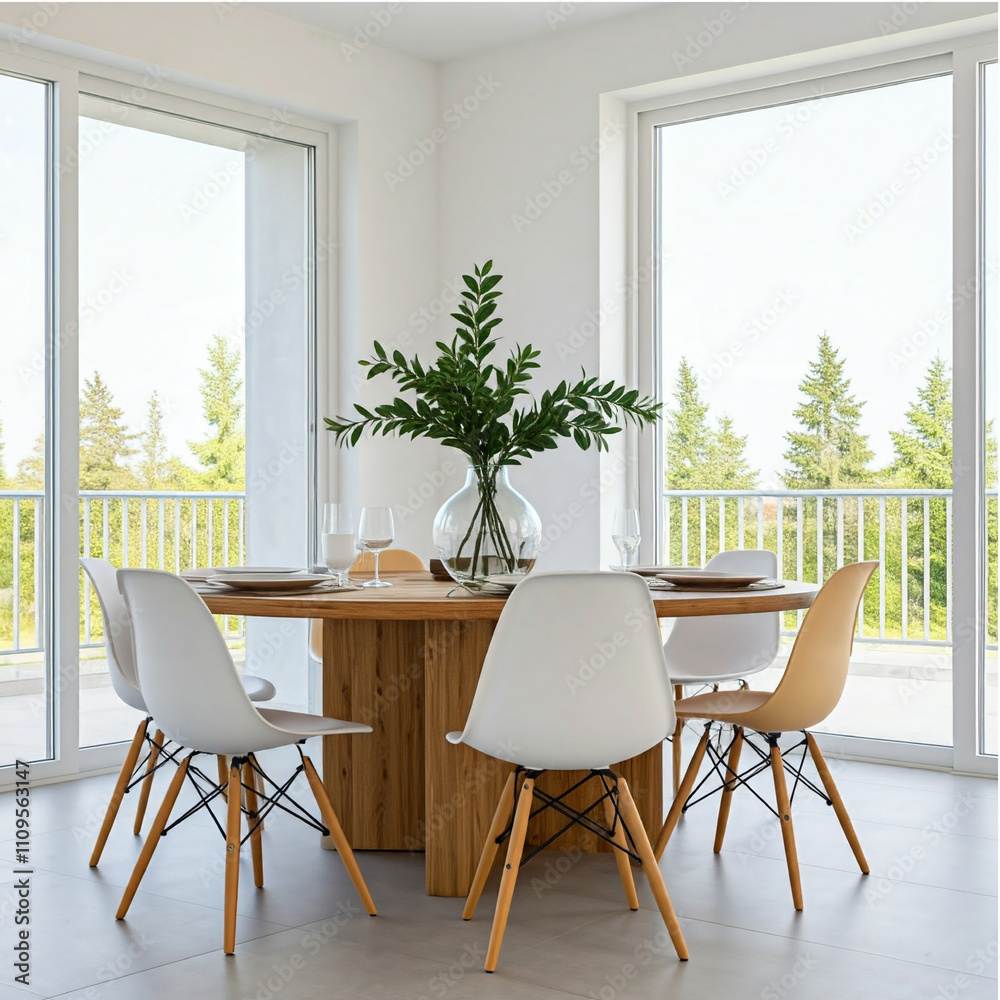 Obraz premium A bright and airy dining room with a minimalist aesthetic. A large oval wooden table takes center stage, surrounded by colours chairs.
