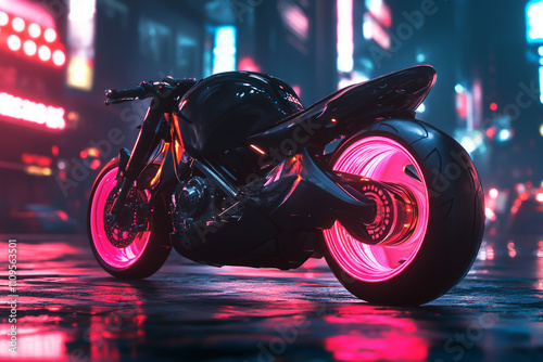 Futuristic motorcycle with neon pink wheels and a black body, set against a cyberpunk city background photo