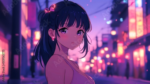 Young Asian woman with dark hair in city nightlife, surrounded by glowing lights.