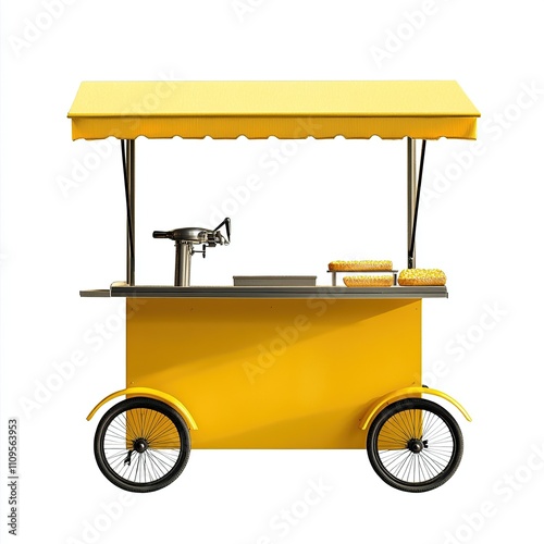 Bright yellow street food cart on white background. photo