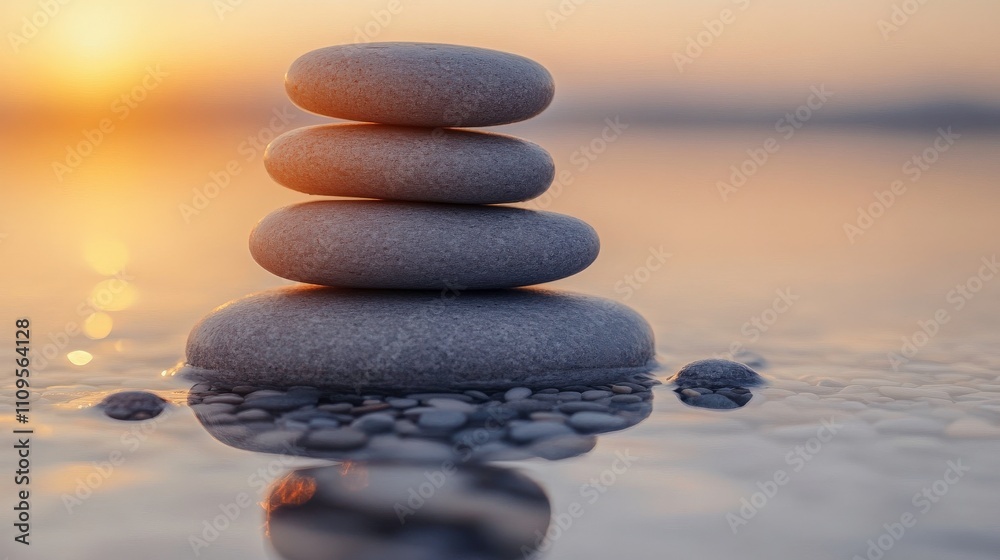 Tranquil Stack of Smooth Pebbles Balanced on Water Surface at Sunset, Symbolizing Serenity and Mindfulness in Nature's Peaceful Landscape Tranquil Stack of Smooth Pebbles Balanced on Water Surface at Sunset, Symbolizing Serenity and Mindfulness in Nature's Peaceful Landscape