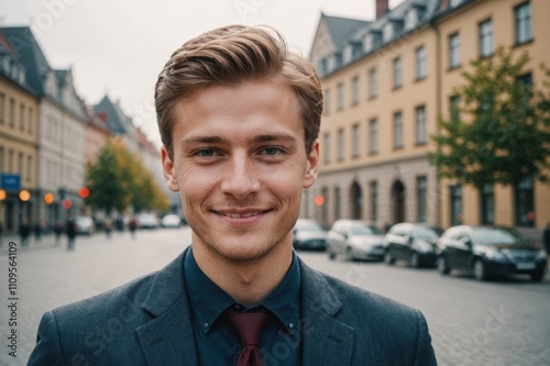 Close portrait of a smiling young Lithuanian businessman looking at the camera, Lithuanian big city outdoors blurred background