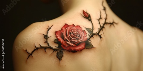 Fototapeta Naklejka Na Ścianę i Meble -  Intricate tattoo art of a vibrant rose and thorns on bare shoulder revealing skill and creativity in body art