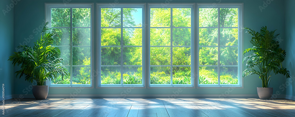 Sunny room with large windows and plants. Sunny room with large windows and plants.