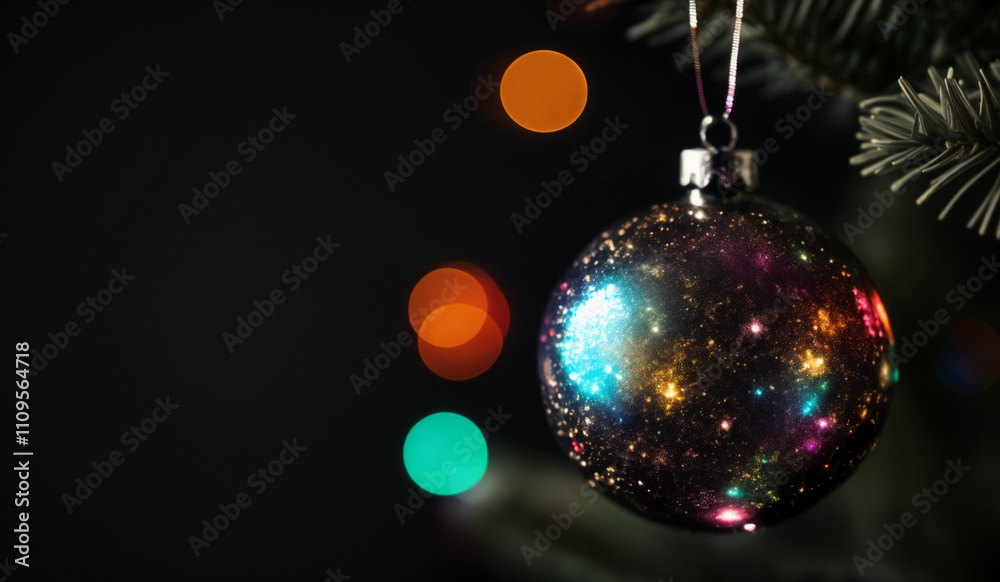 Obraz premium A colorful Christmas ornament on a black background with bokeh sparkles.