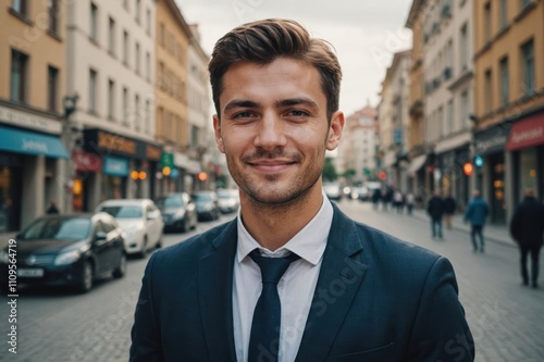 Close portrait of a smiling young Macedonian businessman looking at the camera, Macedonian big city outdoors blurred background