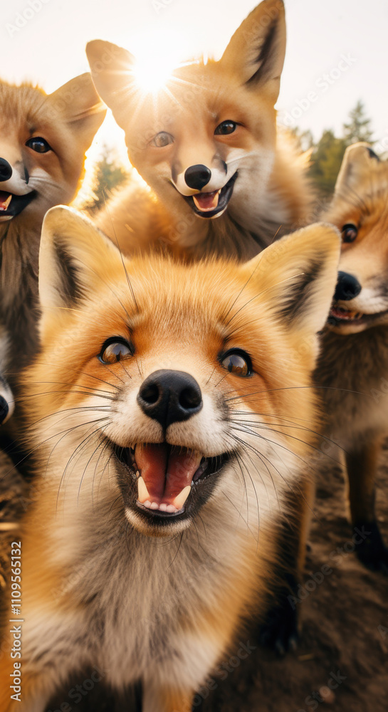 Obraz premium Playful Foxes Gather in a Sunlit Forest, Capturing Joy and Curiosity