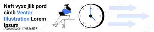 Wallpaper Mural Female character sitting with laptop, large clock, and three arrows indicating workflow or time progression. Ideal for productivity, scheduling, efficiency, planning, deadlines, time management Torontodigital.ca
