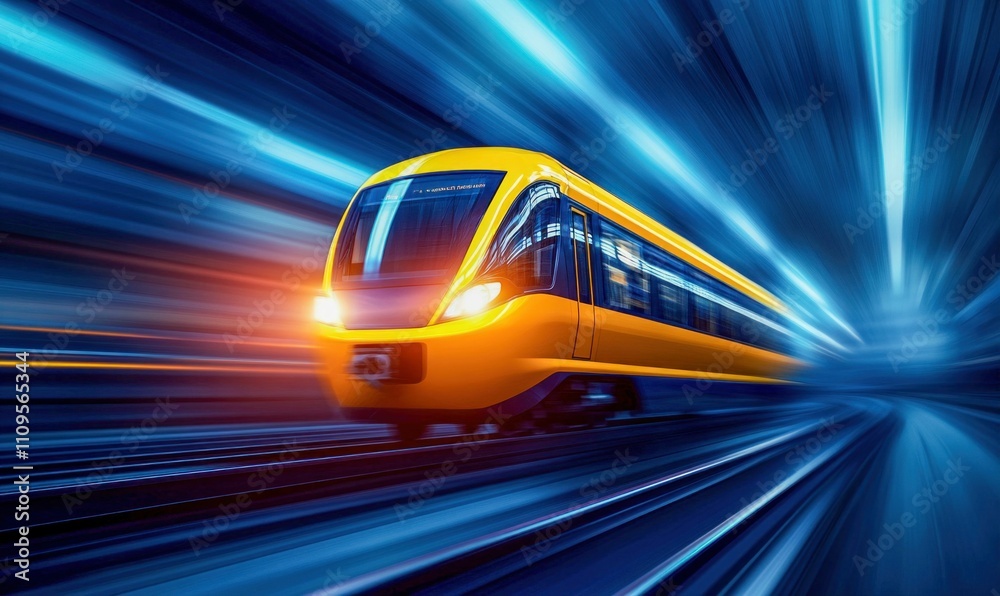 Fototapeta premium Yellow Train Moving Rapidly with Motion Blur on Blue Background