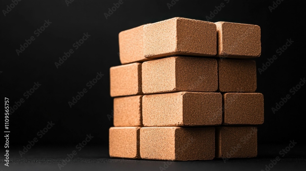 Stacked Brown Corky Material Blocks on Black Background Stacked Brown Corky Material Blocks on Black Background