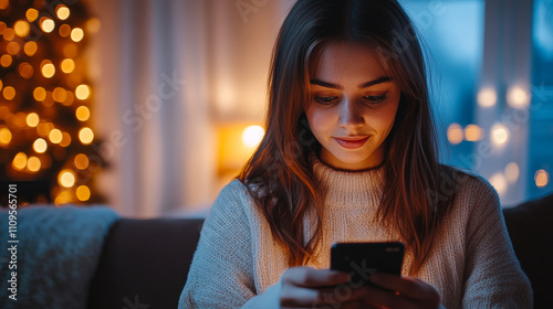 A young woman dressed in a cozy sweater gazes at her smartphone, surrounded by warm holiday lights in a soft-lit living room in the evening photo