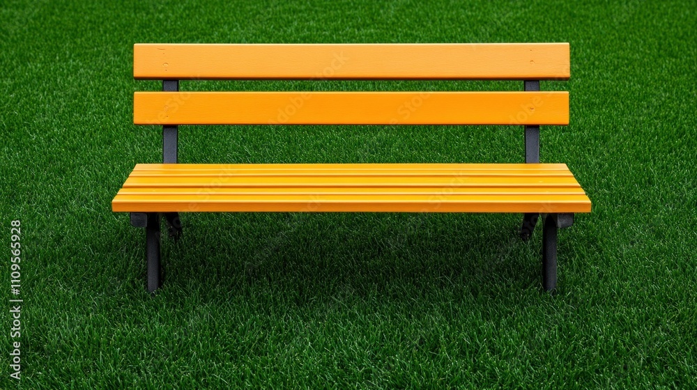 Yellow Bench on Green Grass Background with Minimalist Composition Yellow Bench on Green Grass Background with Minimalist Composition