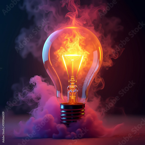 Creative concept of a glowing lightbulb with fiery flames inside and smoke rising, symbolizing innovation, ideas, and energy on a dark background.  