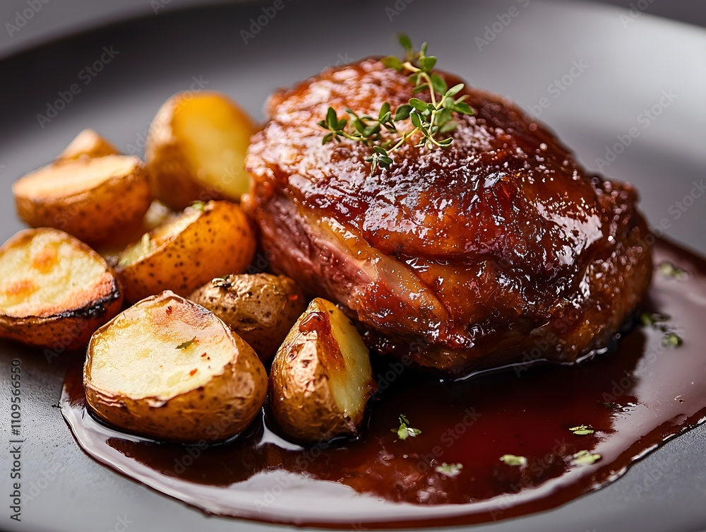 A gourmet dish of duck confit with a side of roasted potatoes. A gourmet dish of duck confit with a side of roasted potatoes.