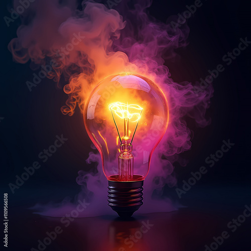 Creative concept of a glowing lightbulb with fiery flames inside and smoke rising, symbolizing innovation, ideas, and energy on a dark background.  