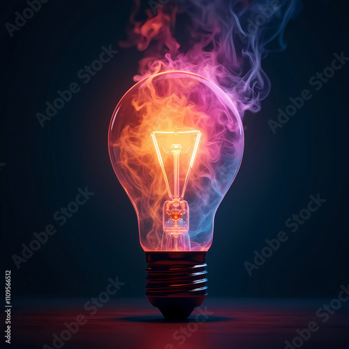 Creative concept of a glowing lightbulb with fiery flames inside and smoke rising, symbolizing innovation, ideas, and energy on a dark background.  