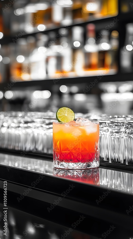 A black-and-white bar with rows of glasses and bottles, and a single cocktail glowing in bright pink and orange hues with a slice of lime A black-and-white bar with rows of glasses and bottles, and a single cocktail glowing in bright pink and orange hues with a slice of lime