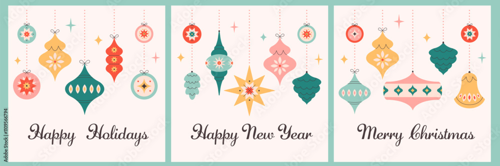 Fototapeta premium Happy Holidays and Merry Christmas greeting cards with Christmas tree toys. Winter holiday background for congratulations. Vector illustration in flat style