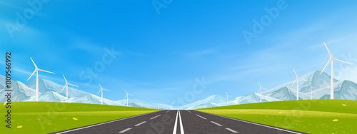 Sky Blue,Cloud Background,Spring landscape green field with windmill, asphalt highway through mountain,Vector Summer Clear Sky over rural wind turbines installed as renewable station on grass land