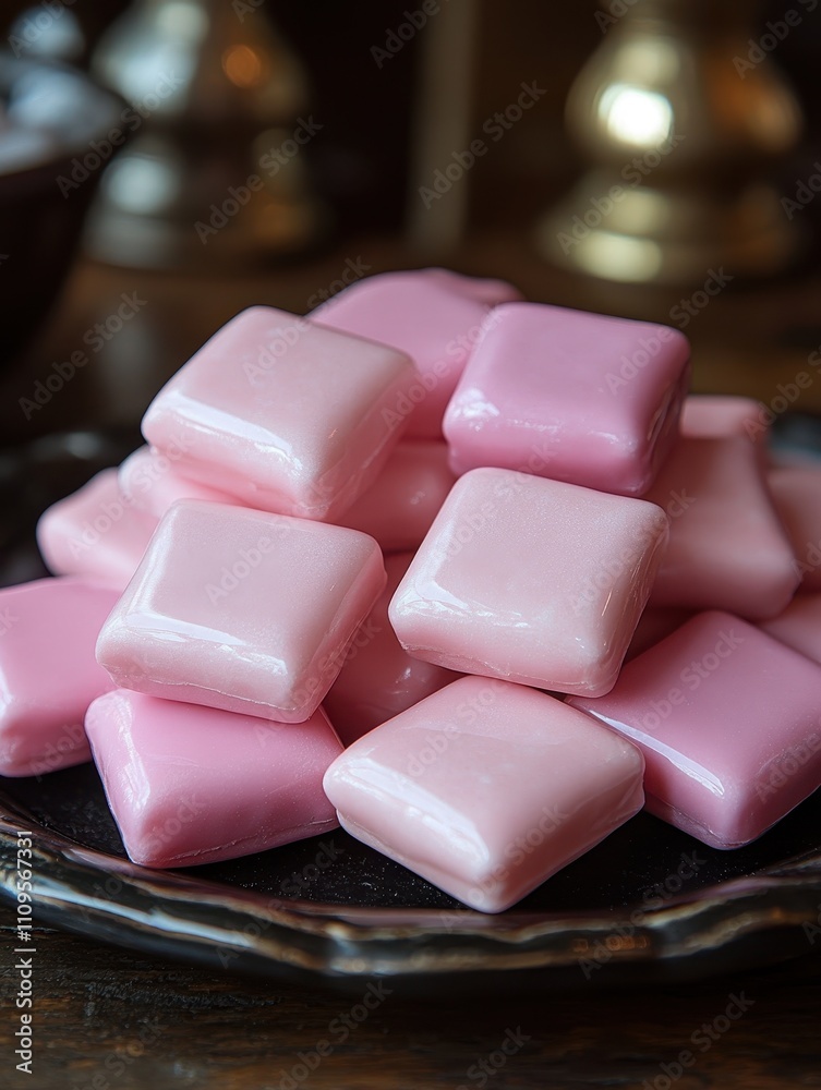 Pink chewy candy cubes, soft and sugary treats with a pastel appearance, confectionery and snacks