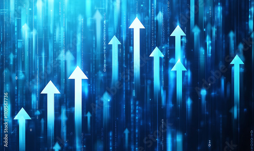 Abstract background with glowing blue arrows pointing upwards, symbolizing growth and success in business or public transport industry on a dark blue background, Generative Ai
