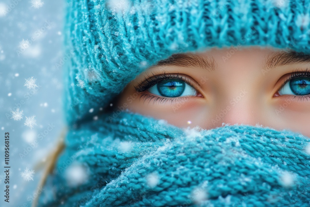 Snowflakes falling on a bundled-up person in winter gear Snowflakes falling on a bundled-up person in winter gear