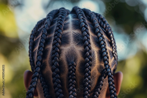 Un cuir chevelu soigneusement tressé avec des tresses serrées et symétriques, capturé dans un environnement extérieur avec un arrière-plan naturel flou. photo