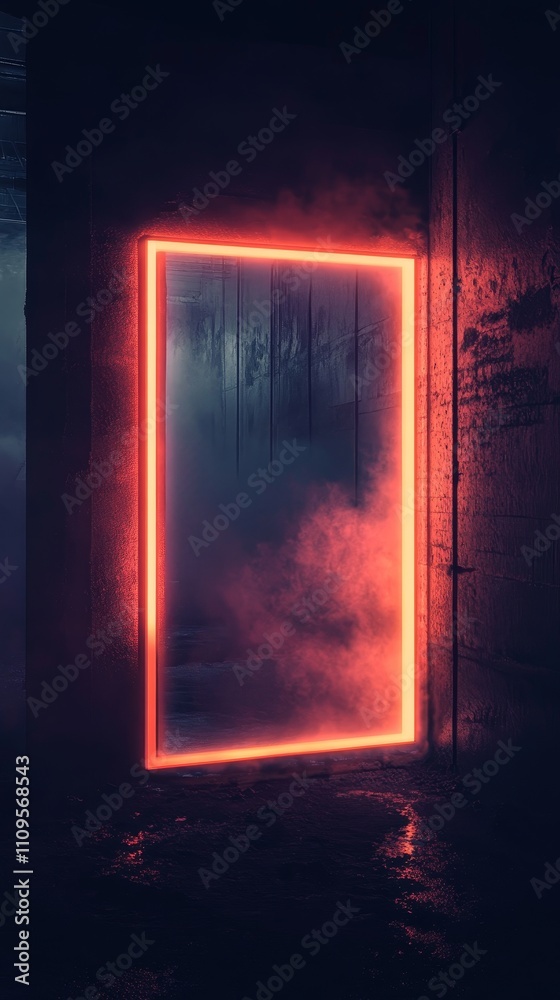 Fototapeta premium a rectangle shape glowing with neon red light in dark wall