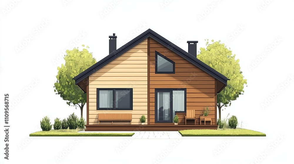 Illustrated wooden cabin with yellow facade and garden. Illustrated wooden cabin with yellow facade and garden.