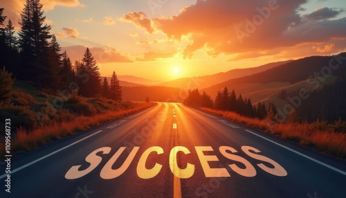 A road to success at sunset, symbolizing the journey towards achievement, surrounded by scenic mountains and a vibrant sky, with 